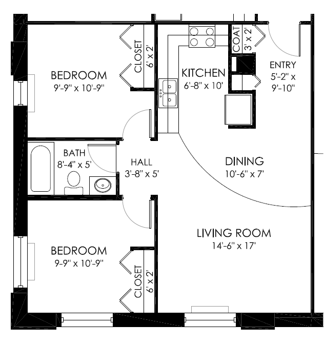 Floor plan for 2 beds, 1 bath, 713 sqft